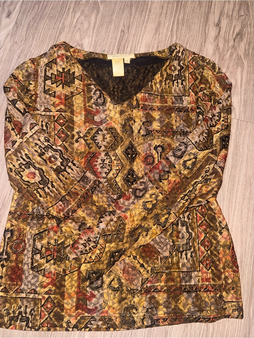 Coldwater Creek Olive Multi Mosaic V-Neck Long Sleeve Top - Picture 5 of 5